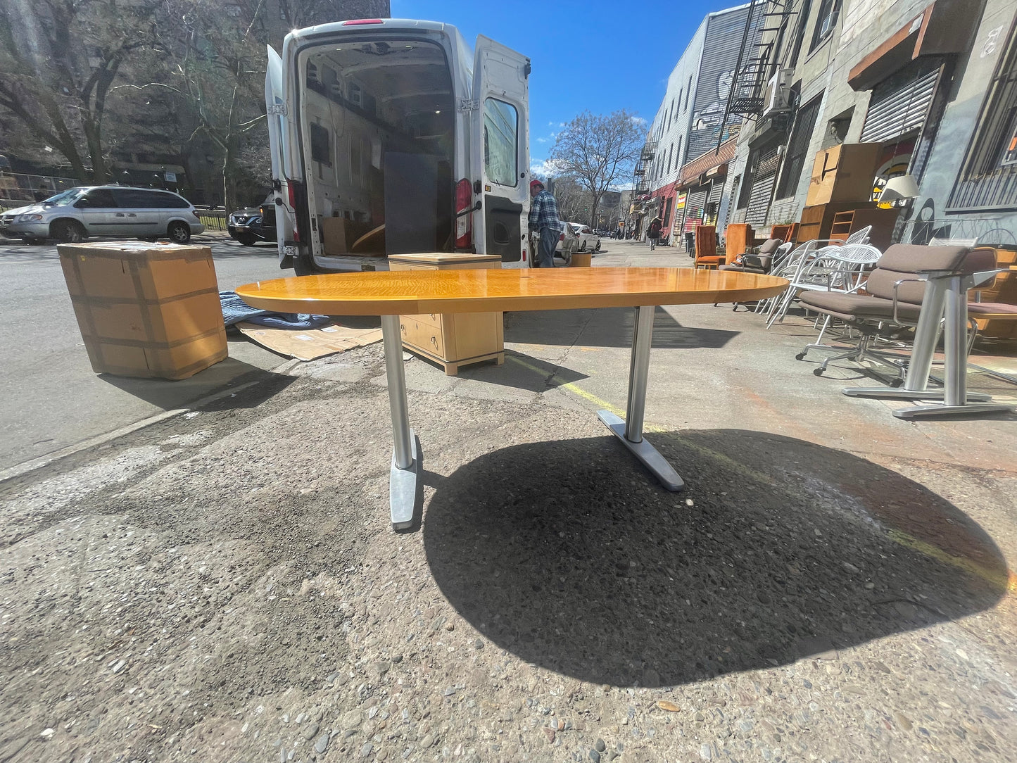 Tiger Maple Racetrack Shaped and Chrome Dining Table