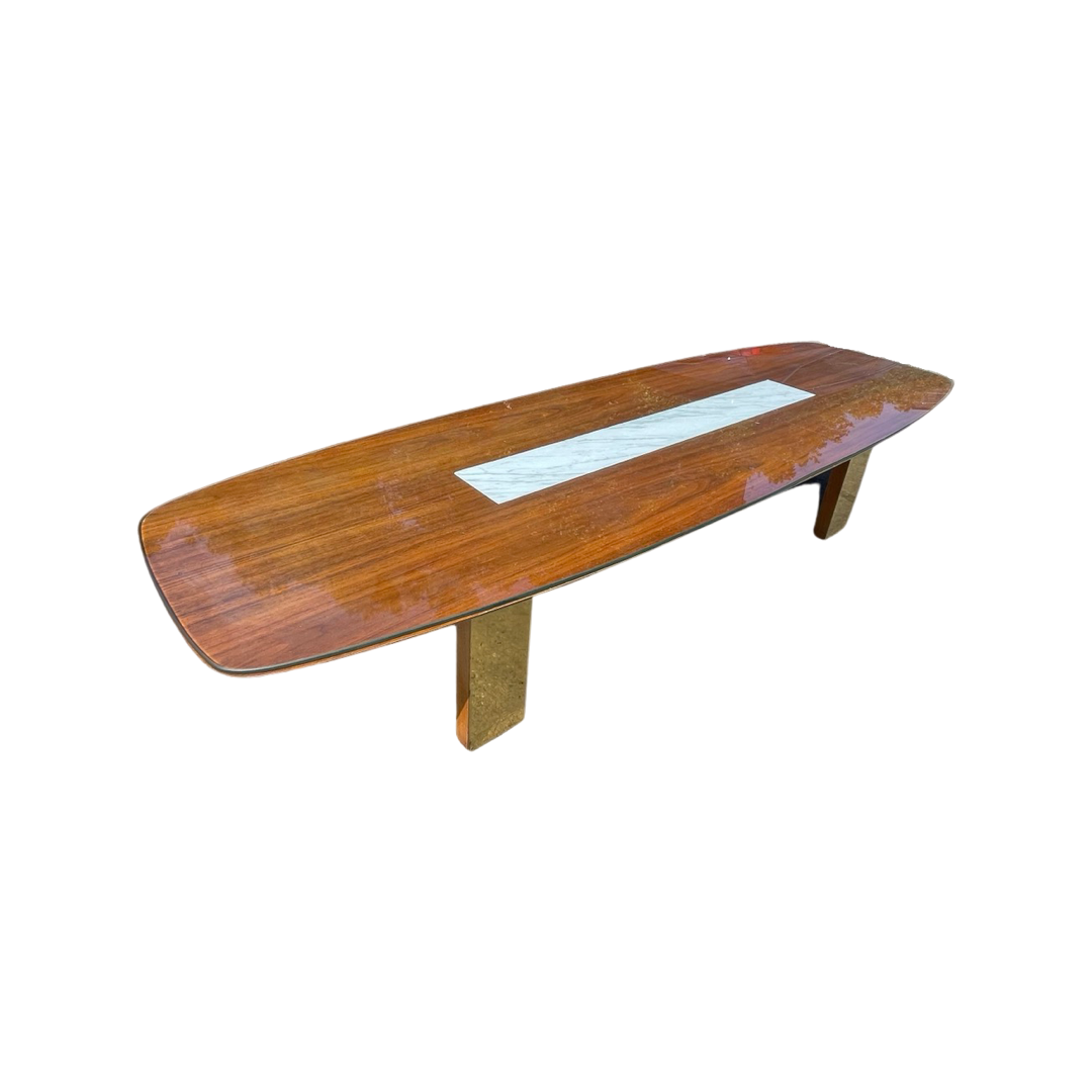 Surfboard Shaped Coffee Table With Marble Inlay and Brass Legs