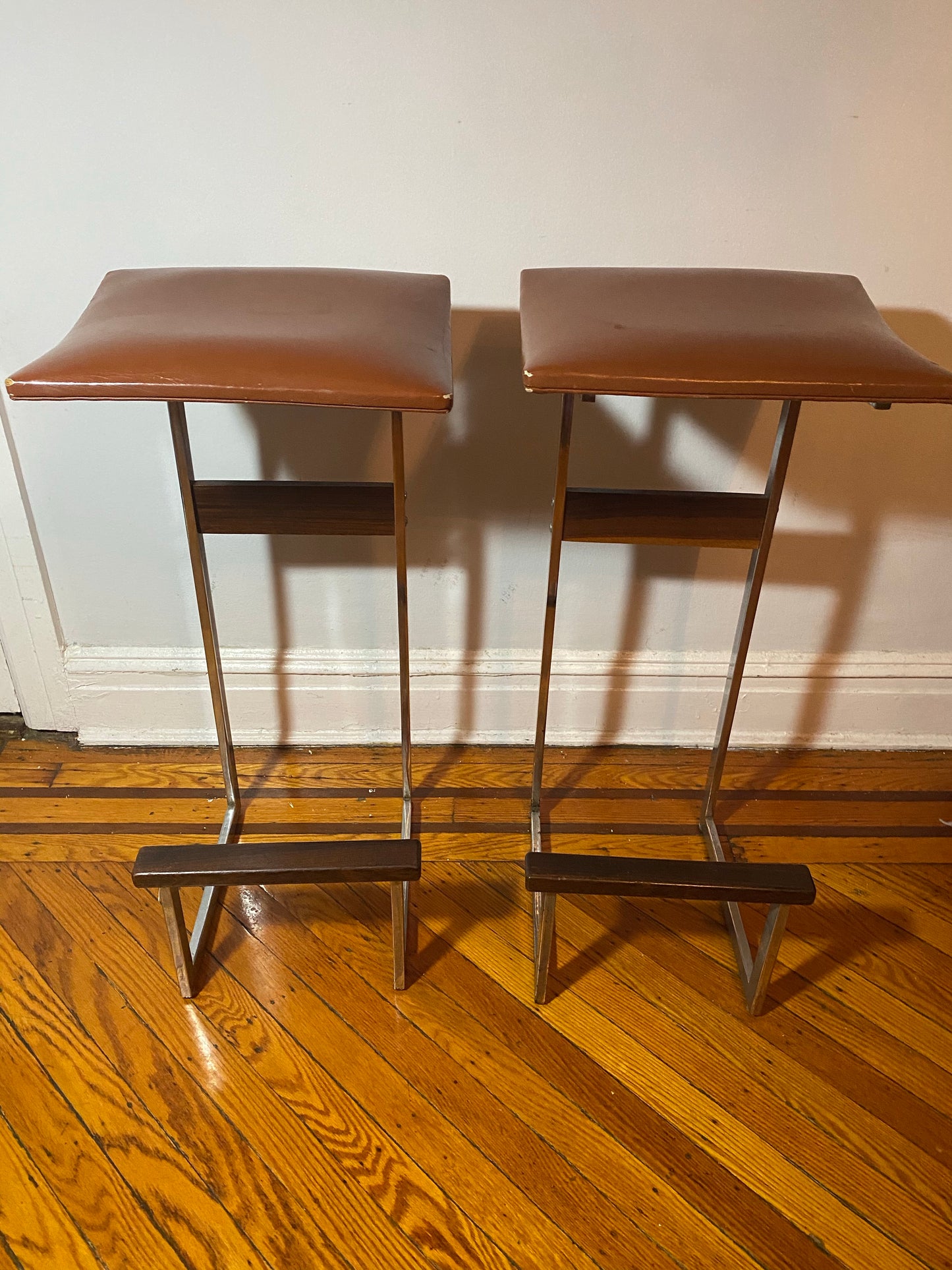 Pair of Cognac Brown and Chrome Italian Bar Stools