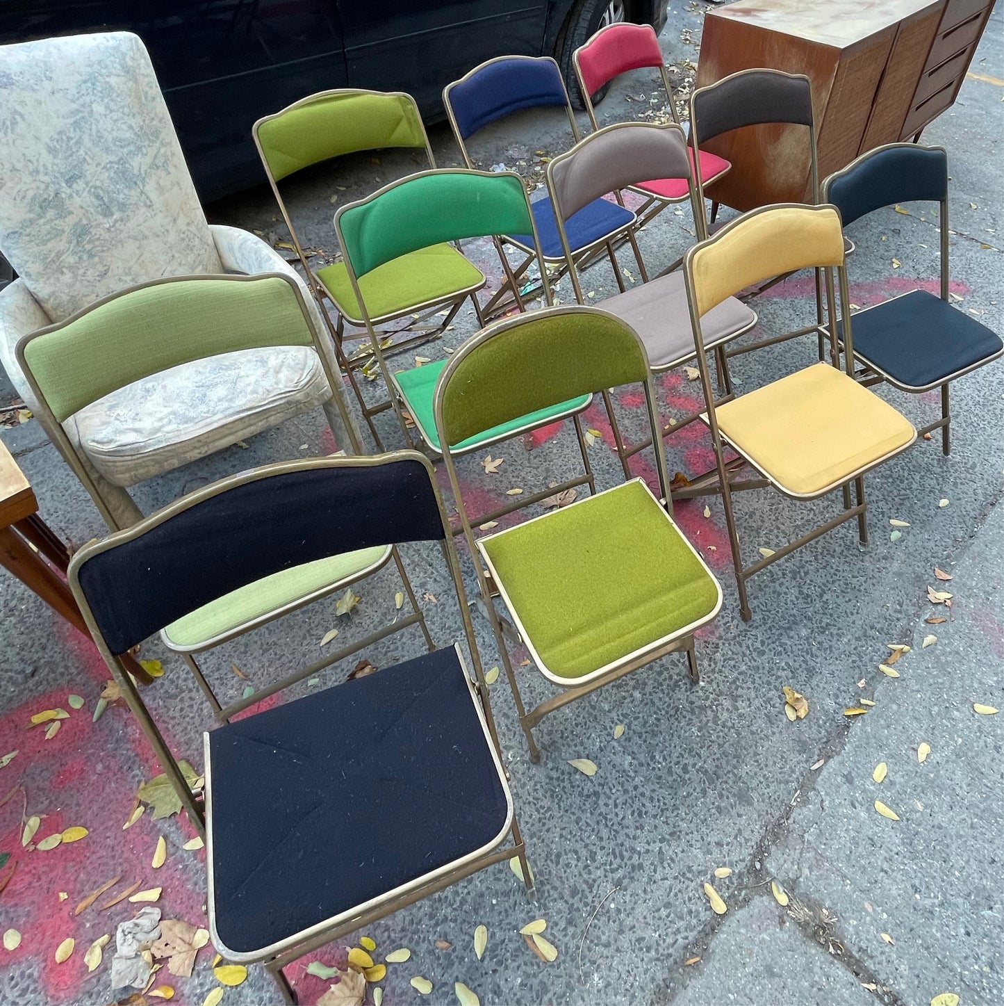 Pairs of Colorful Brass Folding Chairs