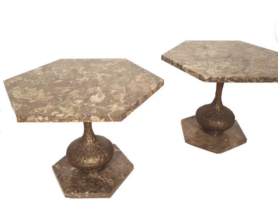 Gorgeous “I Dream of Jeannie” Marble and Two Toned Brass Hexagon Shaped Side Table