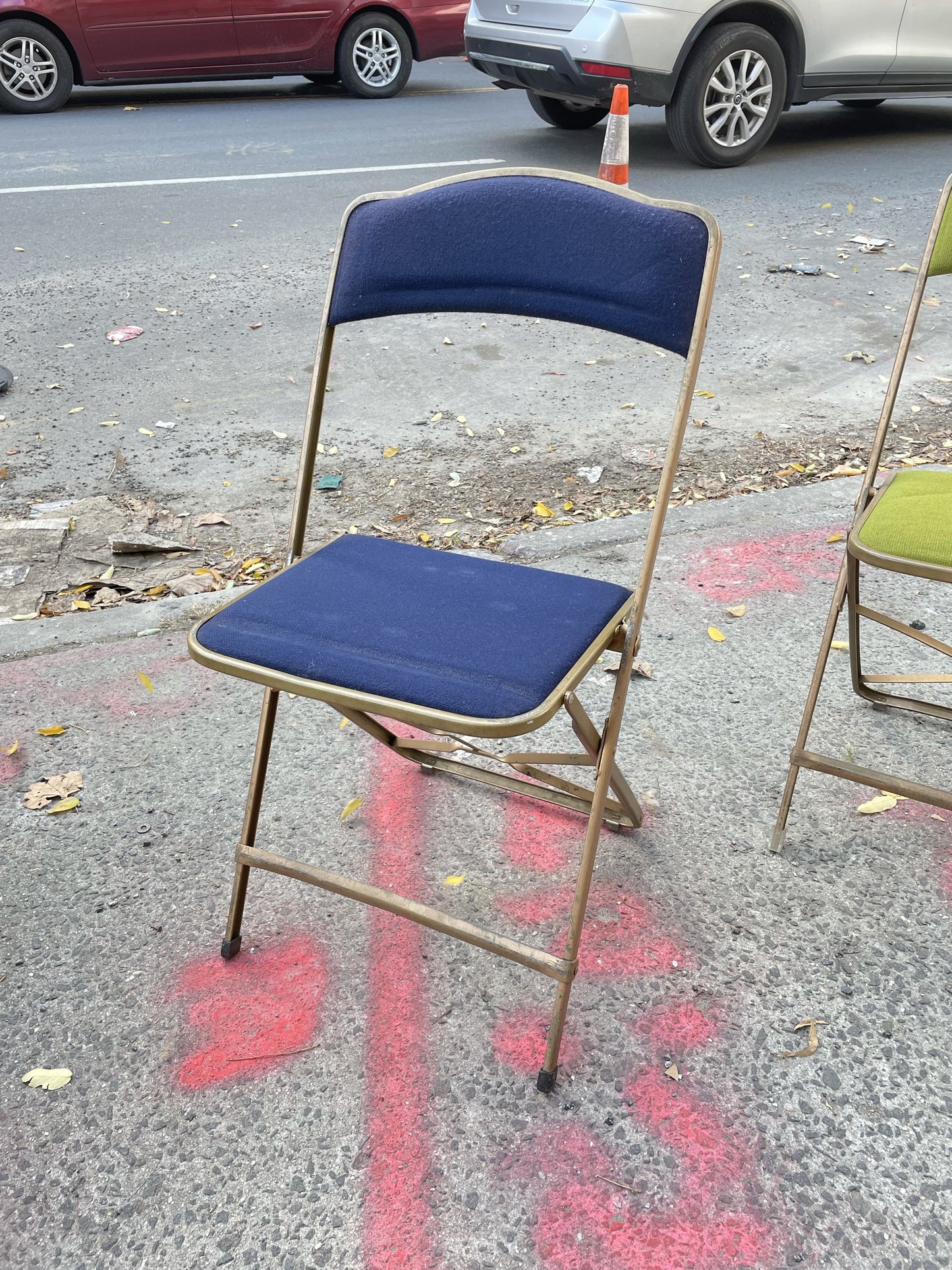 Set of 6 Brass Folding Chairs - Blue Indigo