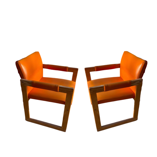 Bright Orange Vinyl and Wood Accord Chairs