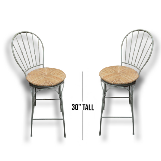 Pair of Vintage Metal and Rush Swivel Bar Stools